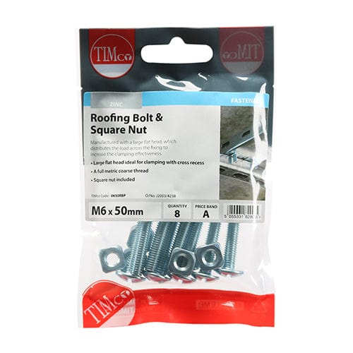 Timco - Roofing Bolt & SQ Nut - BZP M6 x 50 - 8 PCS